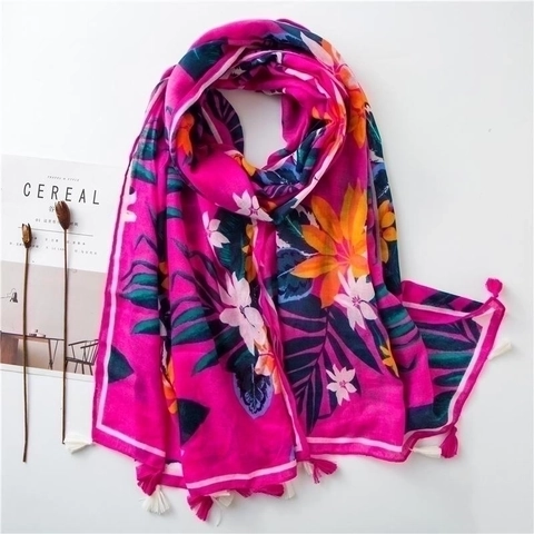 Sciarpa Scialle Stampa Tropicale Misto Cotone Lino Nappine Vacanze Al Mare Protezione Solare Estiva Donna
