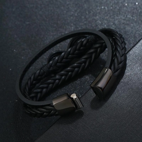 Bracciale da Uomo in Acciaio al Titanio e Pelle Artificiale Intrecciato a Più Strati Simbolo Infinito Fibbia Magnetica Gioielli