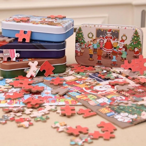 Christmas Jigsaw Puzzle Wooden Fiberboard With Portable Tin Box Educational Holiday Toy Santa Claus Pattern