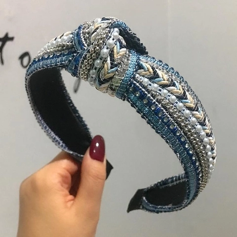 Vintage Wide Knotted Headband For Women Faux Artificial Pearl Rhinestone Sequin Braided Padded Hair Hoop Elegant Hair Accessories