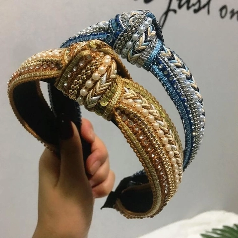 Vintage Wide Knotted Headband For Women Faux Artificial Pearl Rhinestone Sequin Braided Padded Hair Hoop Elegant Hair Accessories