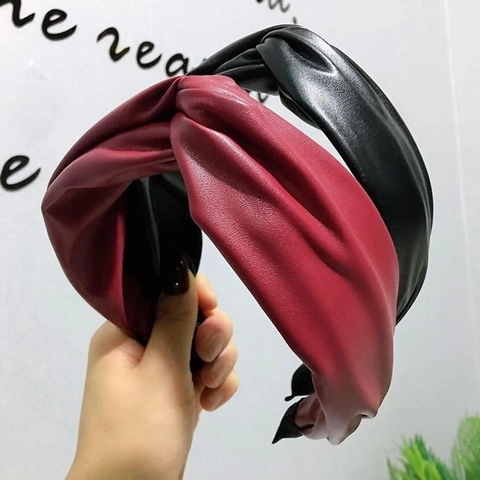 Fashion PU Leather Headband Wide Brim Crossover Knot Solid Color Hair Hoop Elegant Daily Headwear For Women Girls