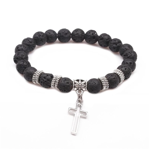 Bracciale di Perline con Ciondolo a Croce in Pietra Lavica Naturale Gioielli per Meditazione Yoga Distanziatori in Lega per Uomo Donna