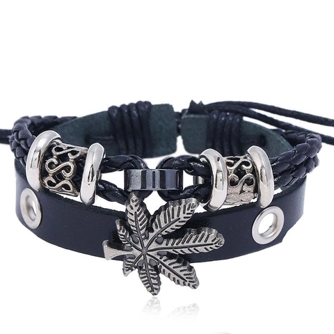 Bracciale Intrecciato Multistrato Vera Pelle Di Vacca Lega Ciondolo Foglia Di Acero Croce Tonda Gioielli Punk Retro Per Uomo Regolabile