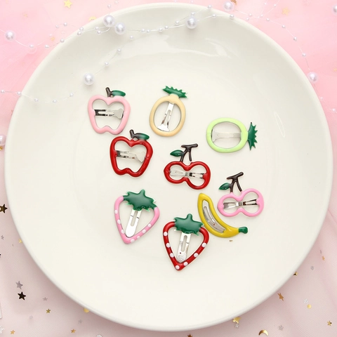 Fermagli Per Capelli In Metallo A Forma Di Frutta Per Bambine Mollette Colorate Laccate Fragola Mela Accessori