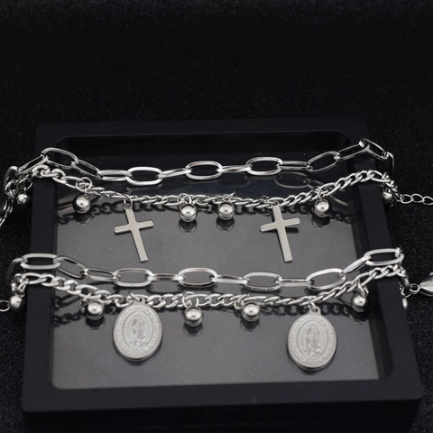 Dubbellaagse Roestvrijstalen Armband Kruis Ovale Religieuze Medaillon Bal Hangers Gothic Punk Sieraden Dames Heren
