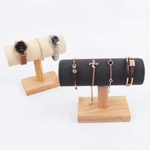 T-Bar Jewelry Display Stand Solid Wood Bracelet Watch Organizer Velvet Leather Storage Rack Desktop Holder Accessory