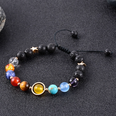 Solar System Planets Bracelet Natural Lava Stone Tiger Eye Agate Universe Galaxy Beaded Hand Woven Adjustable Jewelry