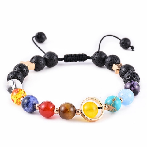 Solar System Planets Bracelet Natural Lava Stone Tiger Eye Agate Universe Galaxy Beaded Hand Woven Adjustable Jewelry