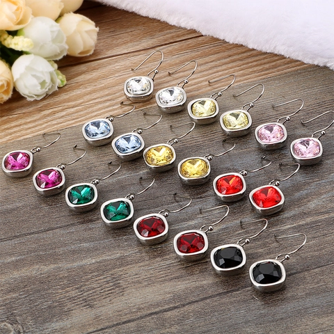 Geometric Square Cut Zircon Drop Earrings 316L Stainless Steel Faceted Colorful Crystal Dangle Earrings For Women