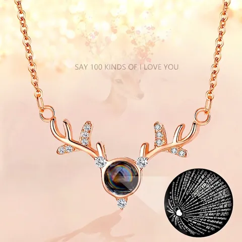 Geweih Anhänger Halskette Kupfer Mit Multi Sprache Ich Liebe Dich Projektion Stein Strass Romantischer Schmuck Für Frauen
