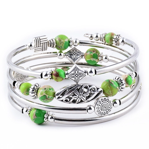 Brazalete Envolvente de Piedra Naturale Bohemio para Mujer Retro Geométrico Multicapa de Cuentas Aleación Pulsera de Dije Floral