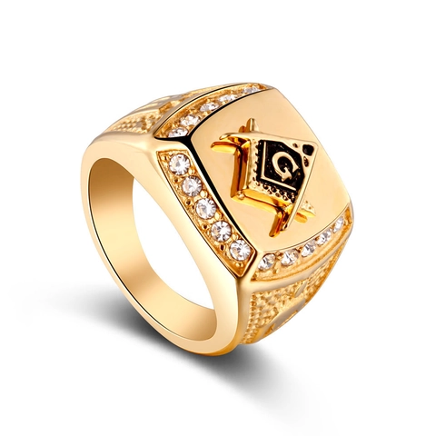 Masonic Signet Ring Men Alloy Gold Plated Freemasonry Symbol Rhinestone Inlaid Hip Hop Vintage Punk Jewelry