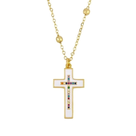 Collana Con Pendente A Croce Vintage Rame Placcato Oro 18K Zircone Colorato Smaltato Gioielli Religiosi Di Moda