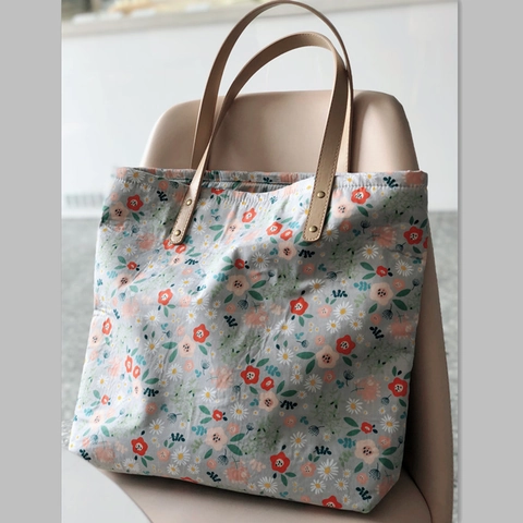 Florale Canvas Tote Bag Mit PU Ledergriff Große Kapazität Frischer Eleganter Schultertasche Für Damen Nietendetails