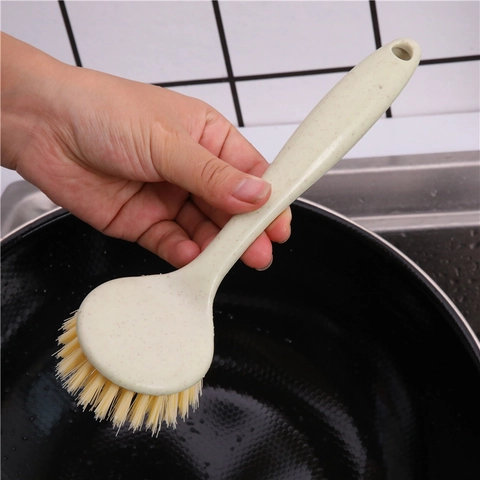 Spazzola Pulizia Cucina Con Manico Lungo Paglia Di Grano Plastica Setole Dense Per Pentola Piatto Fornello Appendibile