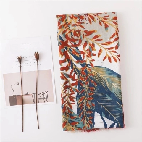 Women's Tropical Plant Leaves Printed Polyester Scarf Bohemian Resort Style Large Shawl Fringe Sun Protection Beach Wrap
