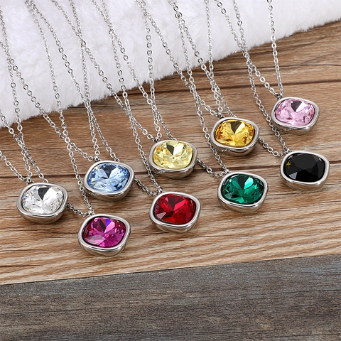 Collar Con Colgante De Cristal Corte Cojín Acero Inoxidable Joyería Geométrica Simple Moda Elegante Para Mujer