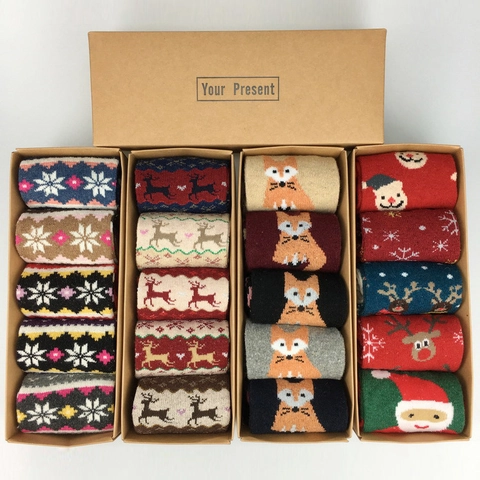 Women Mid-Calf Socks Rabbit Wool Blend Warm Thick Christmas Holiday Cartoon Animal Pattern Gift Box Packaging