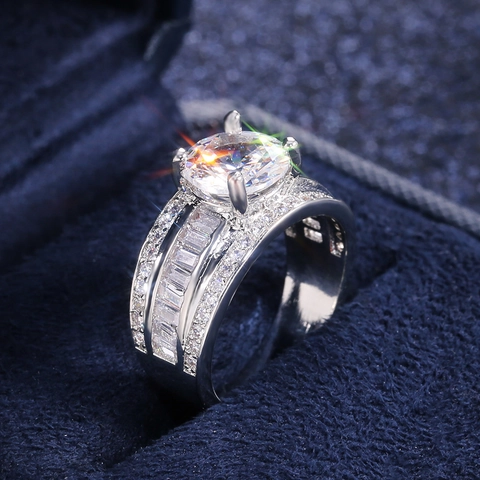 Luxury Zircon Ring Copper Jewelry With Round Main Stone And Baguette Side Stones For Women Elegant Wedding Accessories