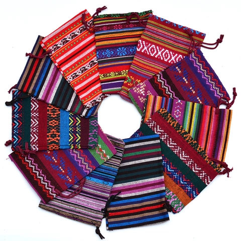 Ethnic Style Drawstring Pouch Cotton Knitted Colorful Tribal Stripe Geometric Pattern Jewelry Gift Packing Bohemian Bag