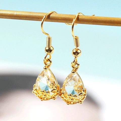 Copper Crystal Teardrop Dangle Earrings Hollow Flower Filigree Waterdrop French Romantic Vintage Gold Plated For Women