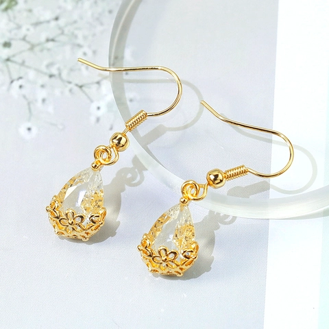Copper Crystal Teardrop Dangle Earrings Hollow Flower Filigree Waterdrop French Romantic Vintage Gold Plated For Women