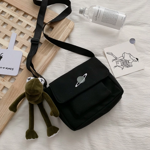 Canvas Shoulder Bag Harajuku Style Planet Embroidered Large Capacity Messenger Crossbody Bag For Student Daily Use