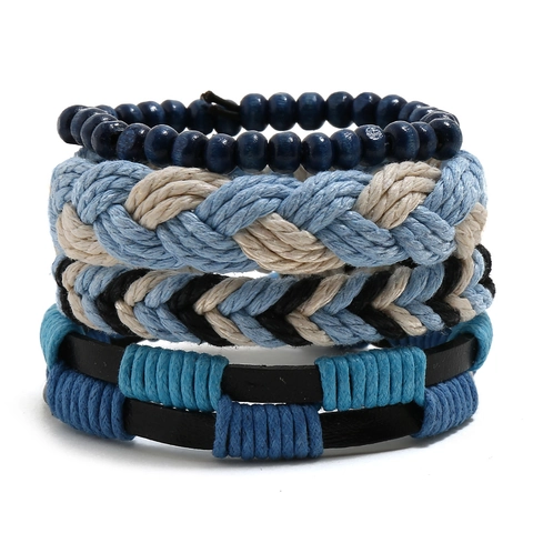 Bracciali Intrecciati Multistrato Pelle Di Vacchetta Perline Di Legno Corda Di Canapa Regolabile Punk Boho Gioielli Uomo Donna