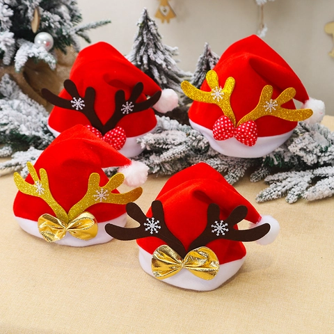 Cappello di Natale con Corna di Renna Oro Rosso Velluto Cappello da Renna Adulti Xmas Party Decorazione Costume Cappello Fiocco Neve