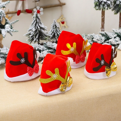 Cappello di Natale con Corna di Renna Oro Rosso Velluto Cappello da Renna Adulti Xmas Party Decorazione Costume Cappello Fiocco Neve