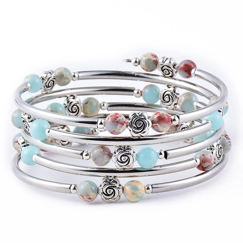 Boho Naturstein Mehrreihiges Wickelarmband Legierung Rose Perlen Für Damen Vintage Schmuck Geschenk