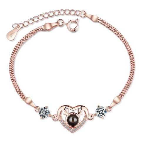 Copper Heart Deer Antler Projection Bracelet For Women 100 Languages I Love You Rhinestone Inlaid Fashion Jewelry
