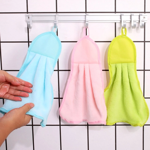 Thickened Coral Fleece Hand Towel Absorbent Microfiber Hanging Loop Kitchen Bathroom Cleaning Dish Cloth Solid Color