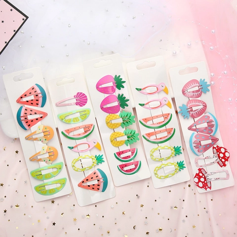Snap Hair Clips Painted Metal Cartoon Fruit Animal Patterns Colorful Hairpins For Kids Girls