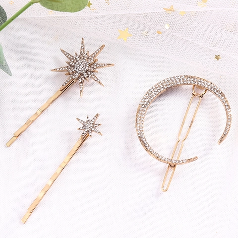 Barrettes À Cheveux Géométriques Vintage Lune Étoile Soleil Alliage Strass Épingles À Cheveux Brillantes Pour Femmes Style Coréen Coiffe Élégante
