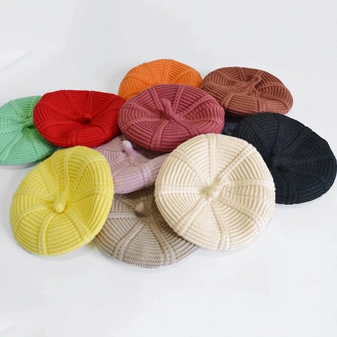 Kinderen Gebreide Baret Muts Schattig Effen Kleur Pompoen Kunstenaar Cap Winter Warm Wollen Beanie Voor Baby Meisjes Jongens Dagelijks Accessoire