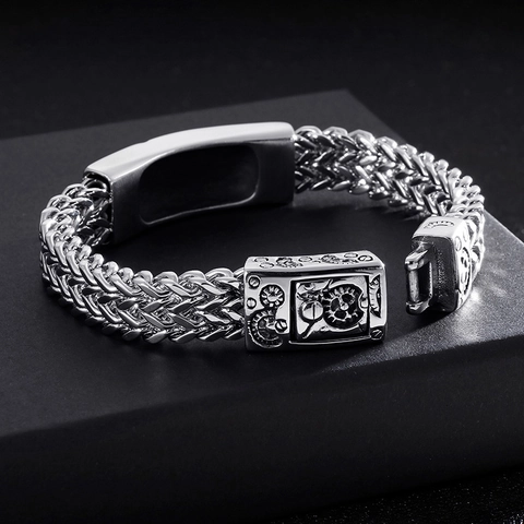 Bracciale Da Uomo Retro In Acciaio Inossidabile Industriale Steampunk Ingranaggio Mantra Religioso Catena Intrecciata Gioielli Punk