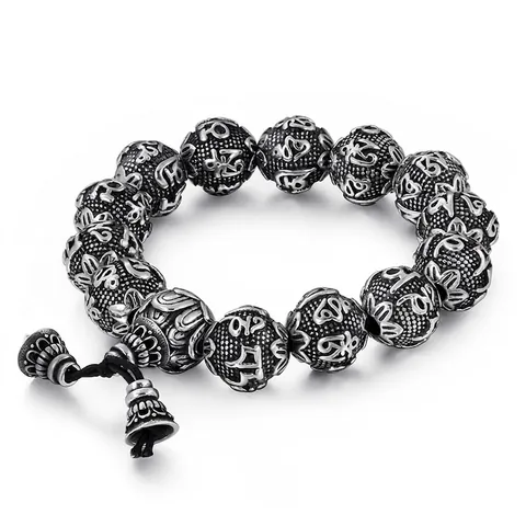 Vintage Edelstahl Perlenarmband Herren Buddhistisch Sechs Silben Mantra Ethno Religiöser Stil Retro Schmuck Silberfarben