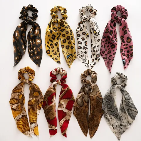 Leopard Snake Print Scrunchie With Long Ribbon Satin Fabric Elastic Hair Tie Bow Knot Hair Accessories For Women