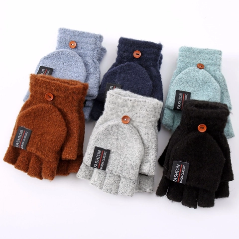 Men Winter Knitted Gloves Flip-top Half-finger Convertible Mittens Thickened Warm Outdoor Cold Weather Fashion Gloves