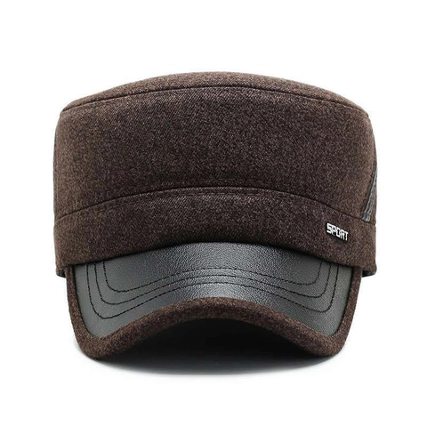 Gorra Cadet Hombre Sombrero Militar Plano De Lana Con Visera De Cuero PU Orejeras Plegables Invierno Ajustable Retro