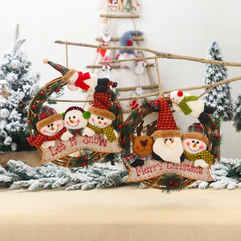 Ghirlanda Di Natale In Rattan Ornamento Appeso Con Babbo Natale Pupazzo Di Neve Renna Bambole Di Stoffa Arredamento Casa