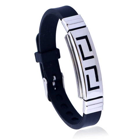 Silicone Stainless Steel Bracelet Greek Key Hollow Pattern Adjustable Buckle Wristband Unisex Jewelry