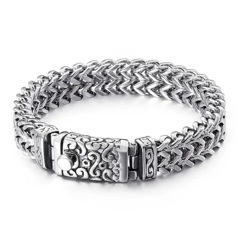 Bracciale Punk Teschio Acciaio Inossidabile 316L Retro Inciso Catena Di Grano Per Uomini Gioielli Gotici Biker