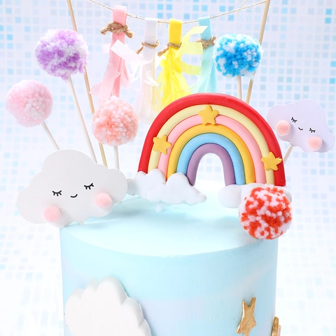 Rainbow Cake Toppers Polymer Clay Cloud Star Yarn Ball Birthday Party Decoration Cute Handmade Dessert Ornaments