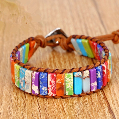 Bracciale Avvolgente In Pelle Intrecciata Pietra Di Diaspro Naturale Colorata Boho Fibbia In Lega Albero Della Vita Gioielli