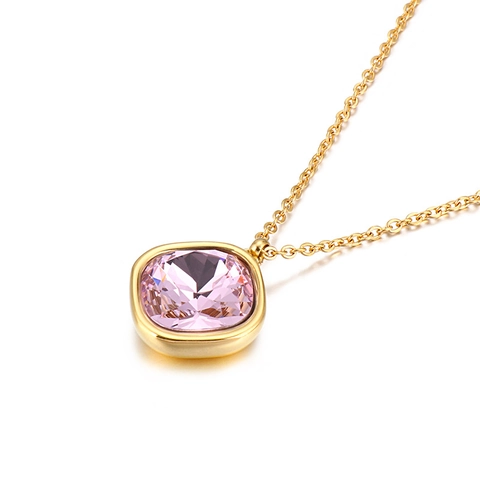 Square Gemstone Pendant Necklace Stainless Steel Gold Plated Vintage Simple Trendy Jewelry For Women
