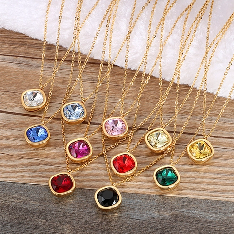 Square Cushion Cut Zircon Pendant Necklace Titanium Stainless Steel Gold Plated Minimalist Elegant Party Jewelry For Women