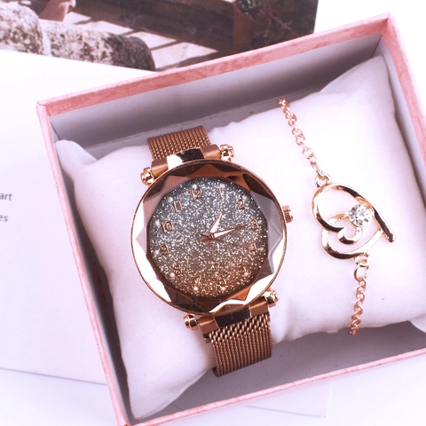 Starry Sky Dial Quartz Watch And Heart Bracelet Alloy Magnetic Mesh Strap Elegant Fashion Casual Women